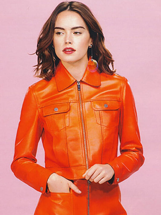 Daisy Ridley Orange Leather Jacket