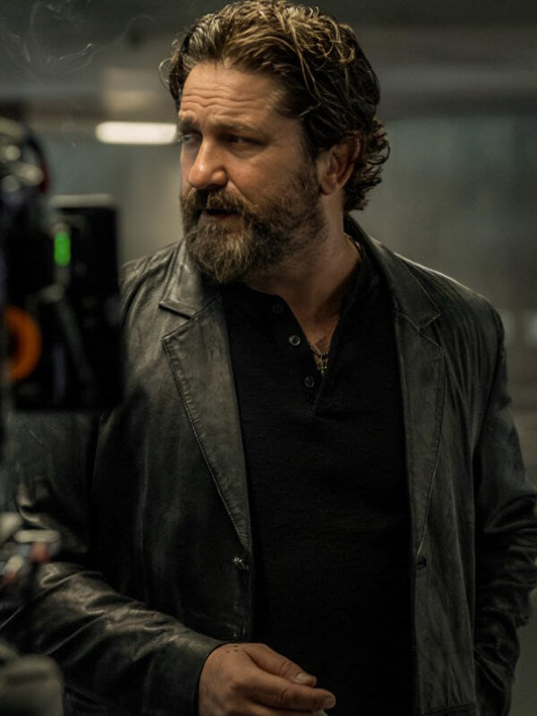 Den Of Thieves 2025 Gerard Butler Black Leather Blazer
