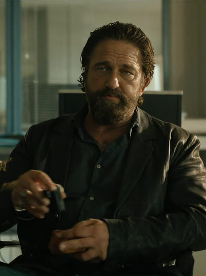 Den Of Thieves 2025 Gerard Butler Black Leather Blazer