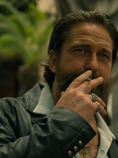 Den Of Thieves 2025 Gerard Butler Black Leather Blazer
