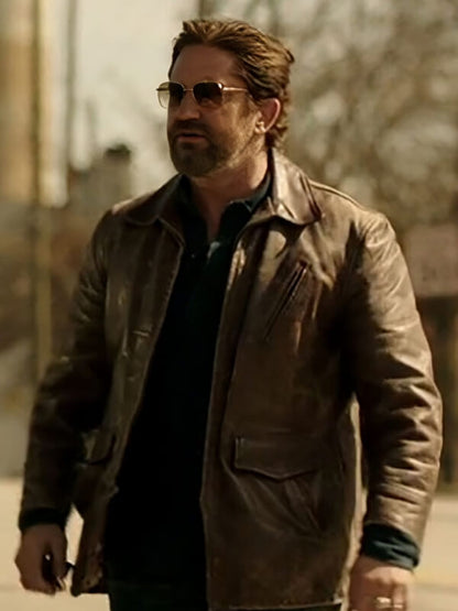 Den Of Thieves Gerard Butler Brown waxed Leather Jacket
