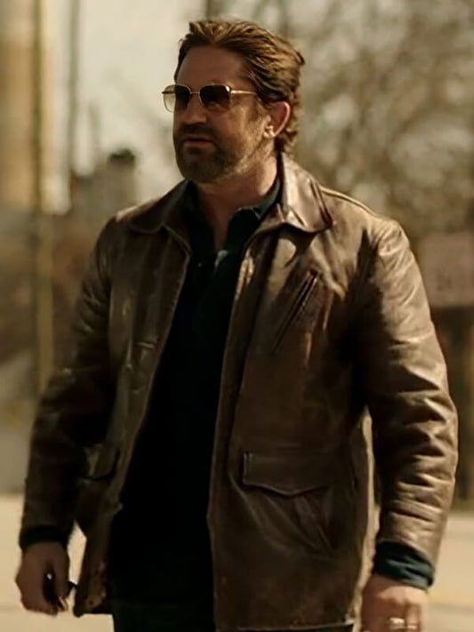 Den Of Thieves Gerard Butler Brown waxed Leather Jacket