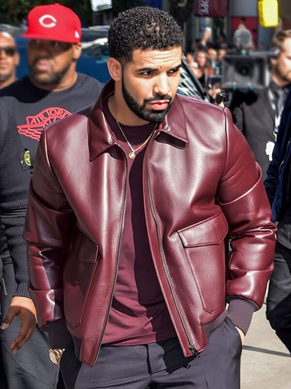  Drake Graham Toronto Film Festival Maroon Leather Jacket
