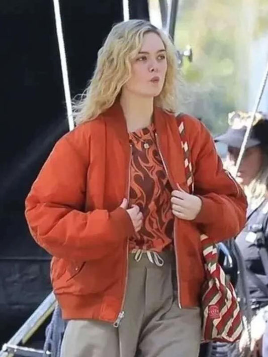 Elle Fanning Margo's Got Money Trouble Season 01 Orange Waxed Bomber Jacket