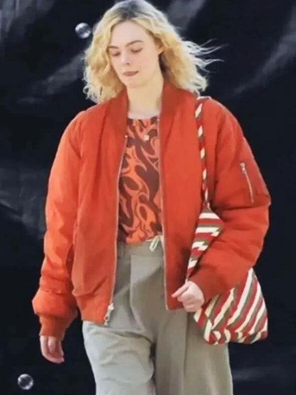 Elle Fanning Margo's Got Money Trouble Season 01 Orange Waxed Bomber Jacket