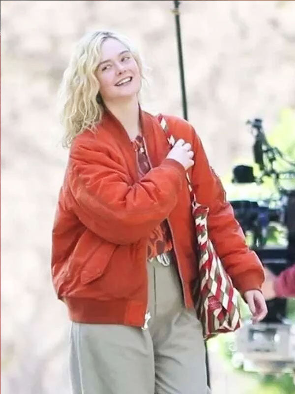 Elle Fanning Margo's Got Money Trouble Season 01 Orange Waxed Bomber Jacket