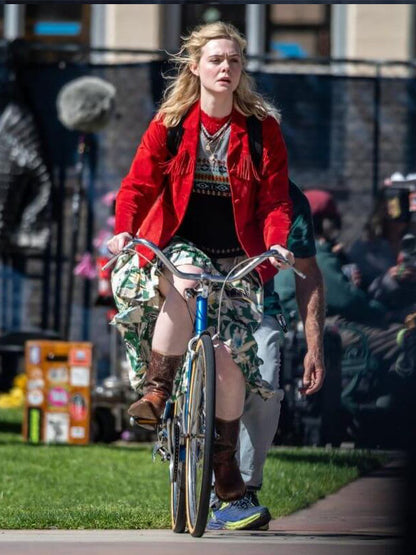 Elle Fanning Margo's Got Money Trouble Season 01 Red Suede Fringe Jacket
