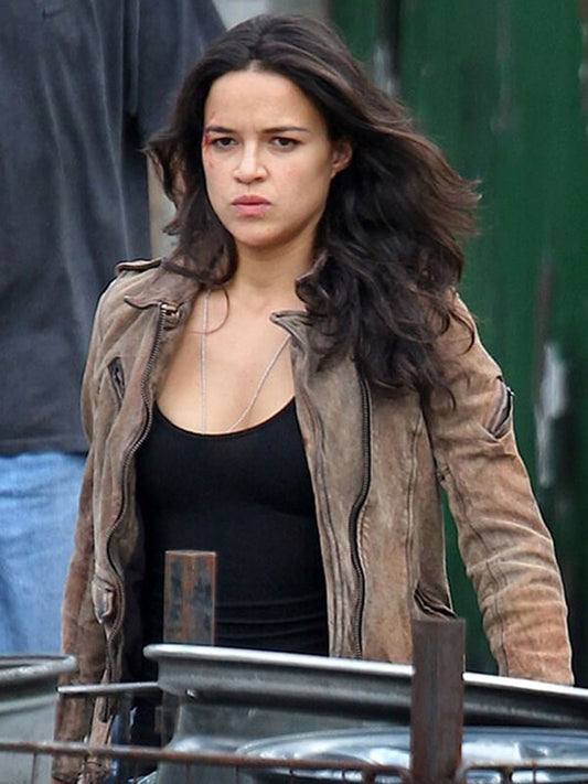 Furious 7 2015 Michelle Rodriguez Brown Waxed Leather Jacket