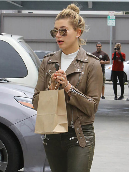  Hailey Baldwin Bieber  Brown Leather Jacket 