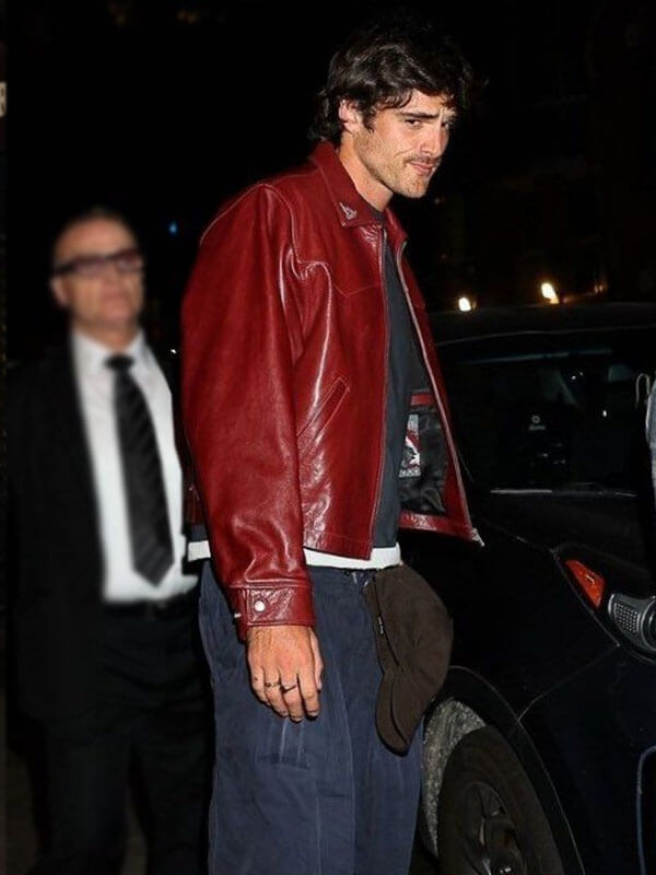 Jacob Elordi New York Sighting Red Leather Bomber Jacket