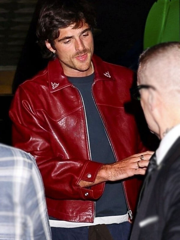 Jacob Elordi New York Sighting Red Leather Bomber Jacket