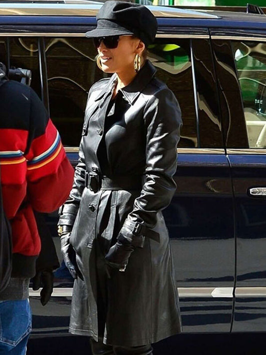 Jennifer Lopez Hustlers Black Leather Trench Coat