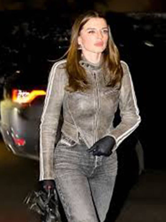Julia Fox Grey Waxed Leather Jacket