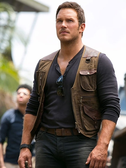 jurassic world fallen kingdom 2018 Chris Patt Brown Leather Vest
