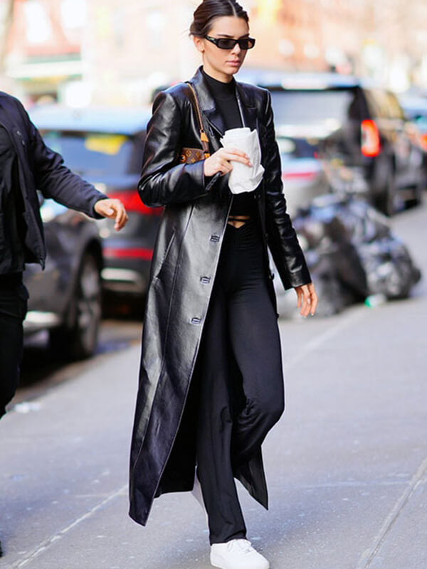 Kendall Jenner Black Leather Long Coat