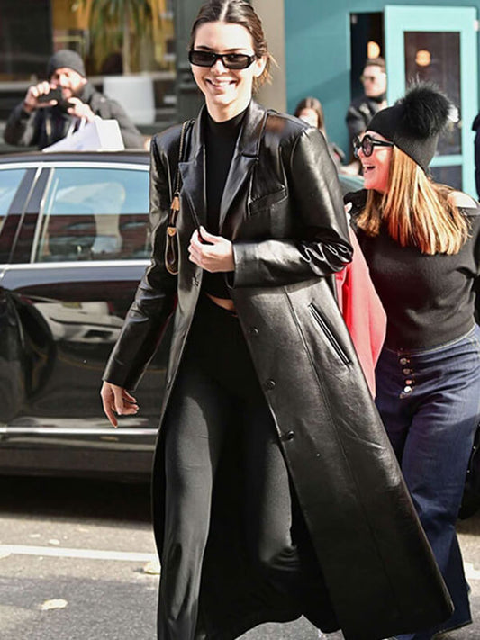 Kendall Jenner Black Leather Long Coat