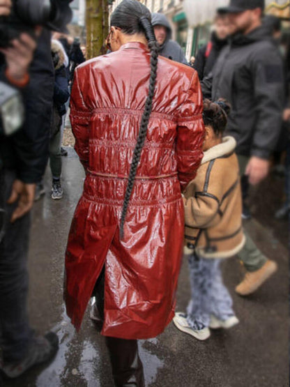 Kim Kardashian Paris Sighting Maroon Leather Coat