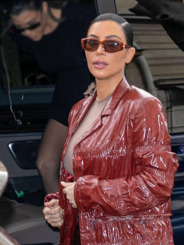 Kim Kardashian Paris Sighting Maroon Leather Coat