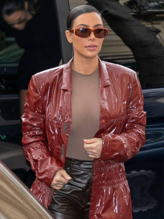 Kim Kardashian Paris Sighting Maroon Leather Coat