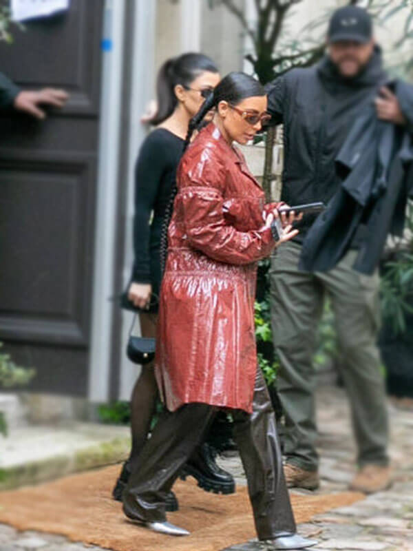 Kim Kardashian Paris Sighting Maroon Leather Coat