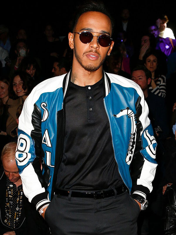 Lewis Hamilton Milan Fashion Show Blue Leather Jacket