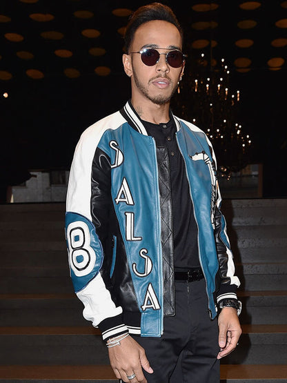 Lewis Hamilton Milan Fashion Show Blue Leather Jacket