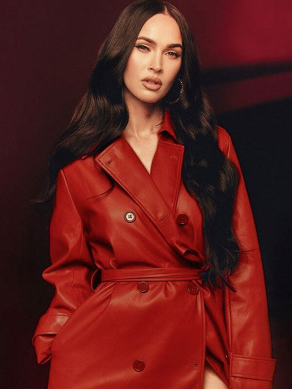 Megan Fox Red Leather Long Coat