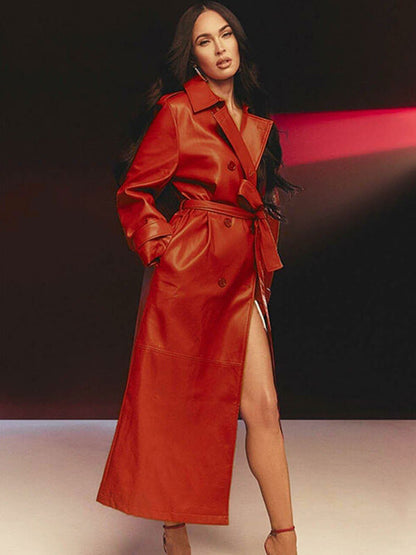 Megan Fox Red Leather Long Coat