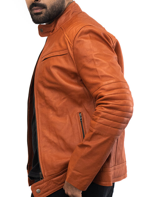 Mens Biker Brown Geniune Lambskin Leather Jacket