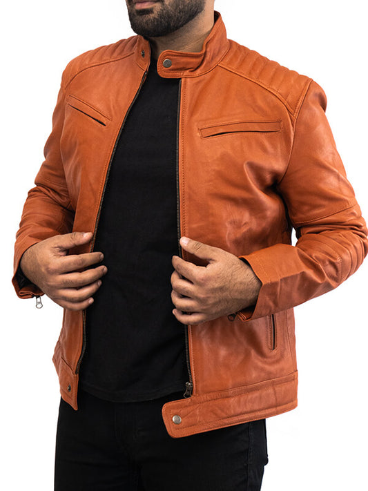 Mens Biker Brown Geniune Lambskin Leather Jacket