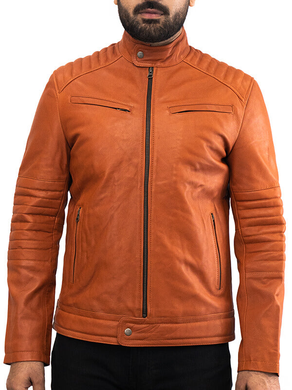 Mens Biker Brown Geniune Lambskin Leather Jacket