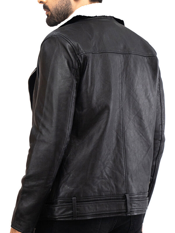 Mens Biker Fur Collar Black leather Jacket