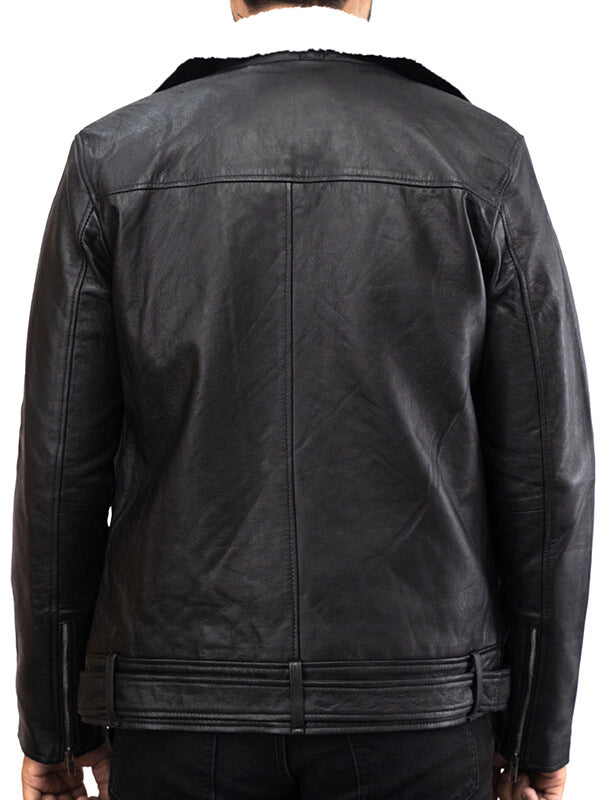 Mens Biker Fur Collar Black leather Jacket