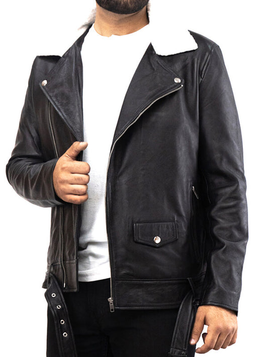 Mens Biker Fur Collar Black leather Jacket