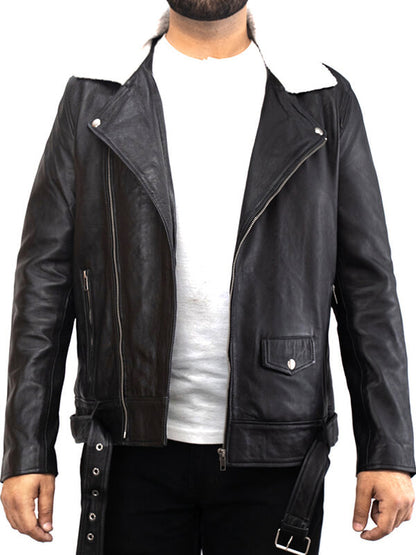 Mens Biker Fur Collar Black leather Jacket