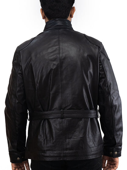 Mens Black Biker Buttoned Leather Jacket