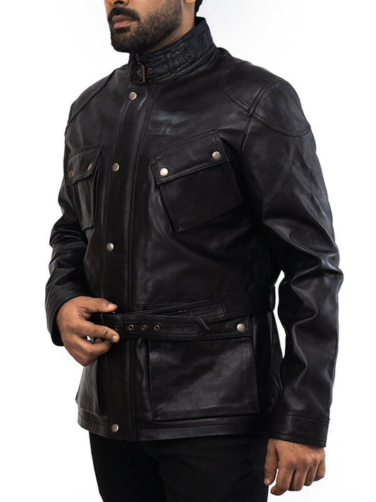 Mens Black Biker Buttoned Leather Jacket