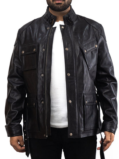 Mens Black Biker Buttoned Leather Jacket