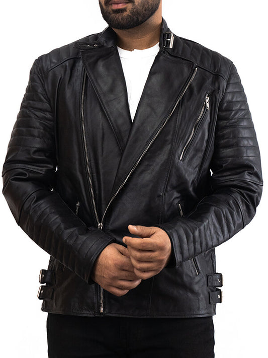 Mens Black Biker Leather Quilted Jacket
