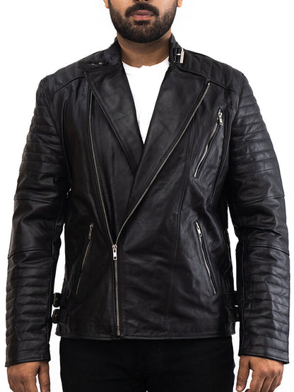 Mens Black Biker Leather Quilted Jacket