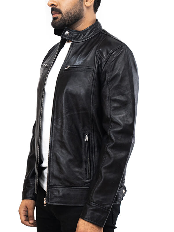 Mens Black Cafe Racer Leather Jacket