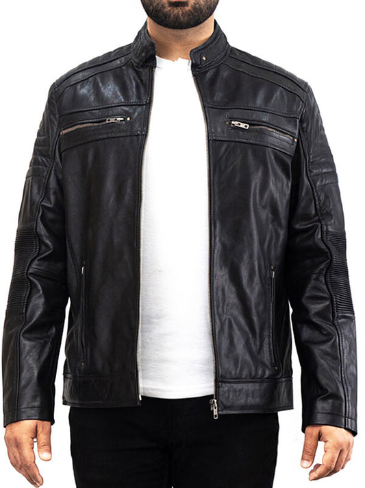 MENS BLACK CAFE RACER  LEATHER JACKET