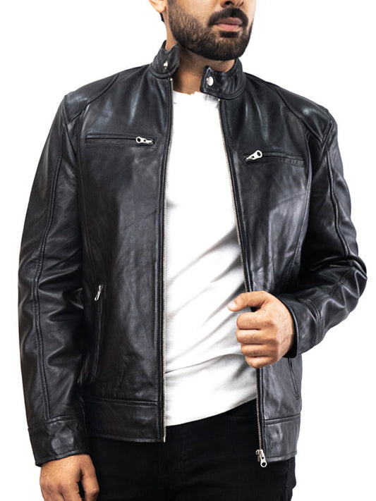 Mens Black Cafe Racer Leather Jacket