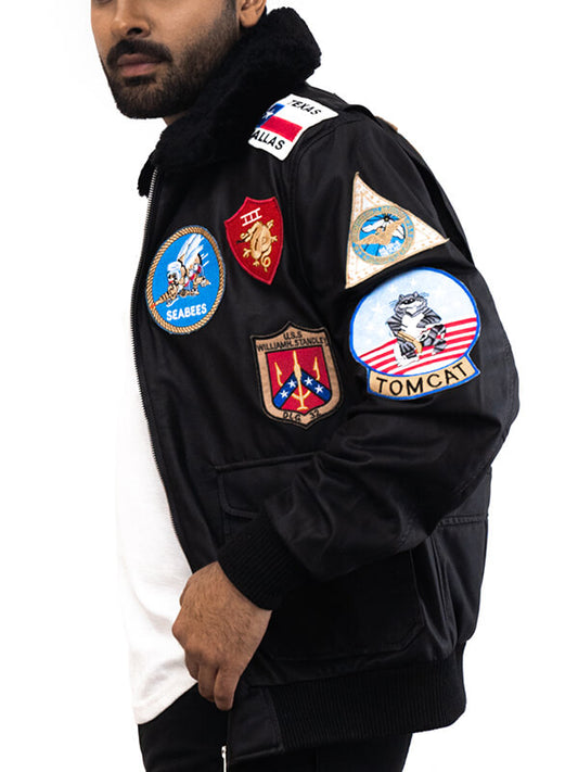 Mens Black Cotton Bomber Leather Jacket 