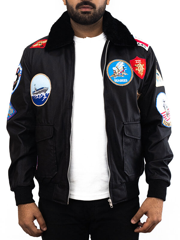 Mens Black Cotton Bomber Leather Jacket 