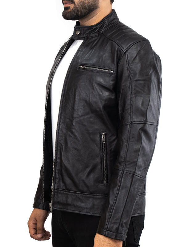 Mens Black Leather Jacketer Quilted 