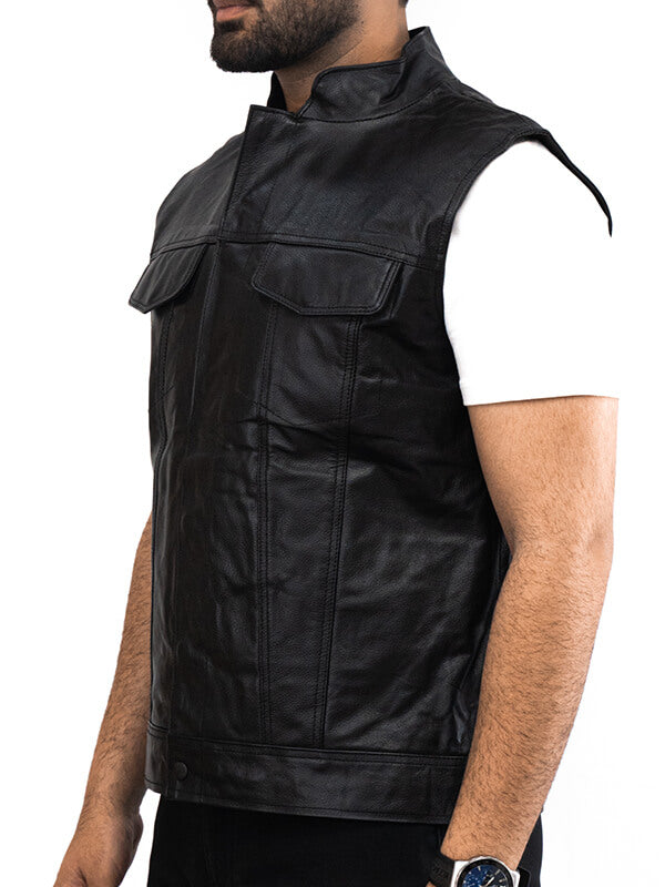 Mens Black Live To Ride Cafe Racer Biker Vintage Leather Vest
