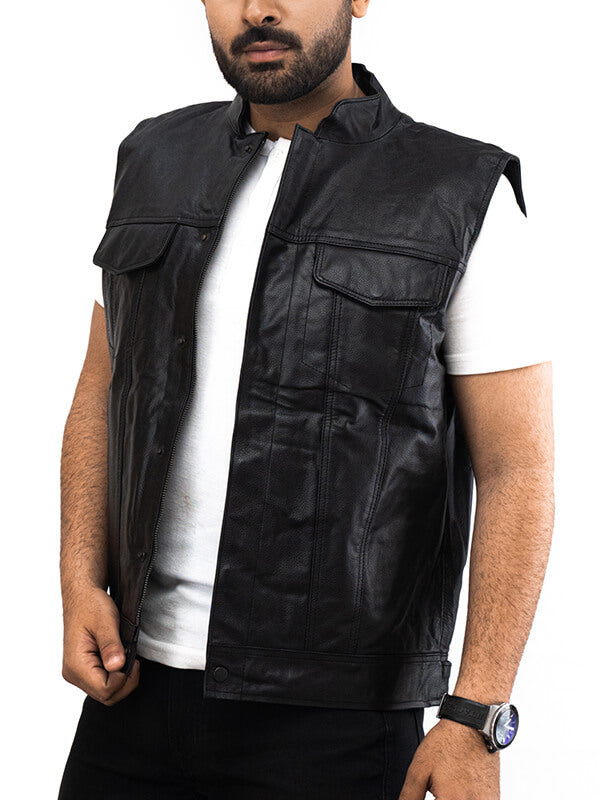Mens Black Live To Ride Cafe Racer Biker Vintage Leather Vest