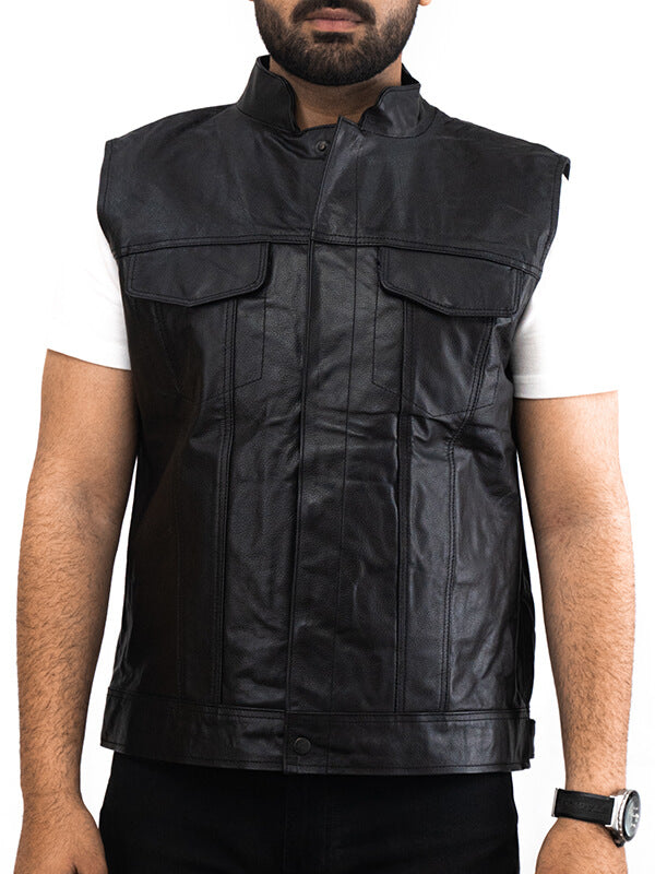 Mens Black Live To Ride Cafe Racer Biker Vintage Leather Vest