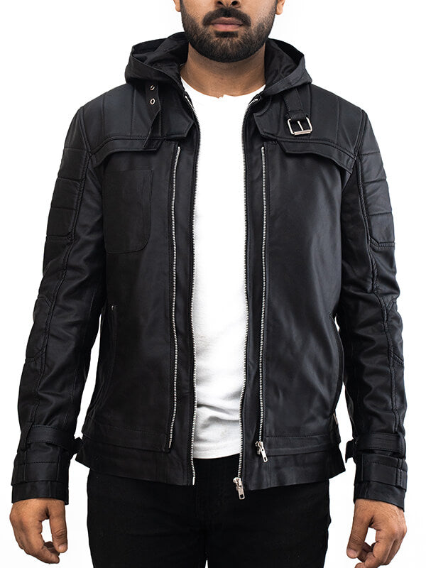 Mens Black Quilted Batman Hoodie Leather Jacket